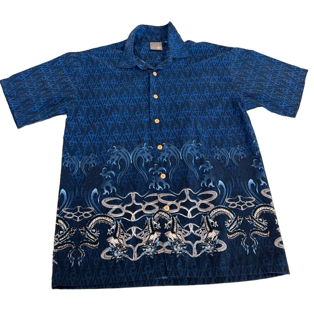 XG Y2K Dragon Wave Button Up Shirt Men's M Blue Black Tattoo Graphic